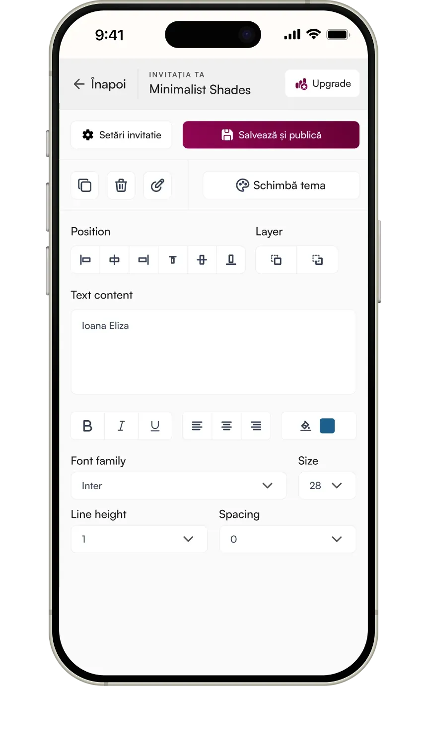 Editor intuitiv pentru personalizarea invitațiilor digitale - interfață drag and drop